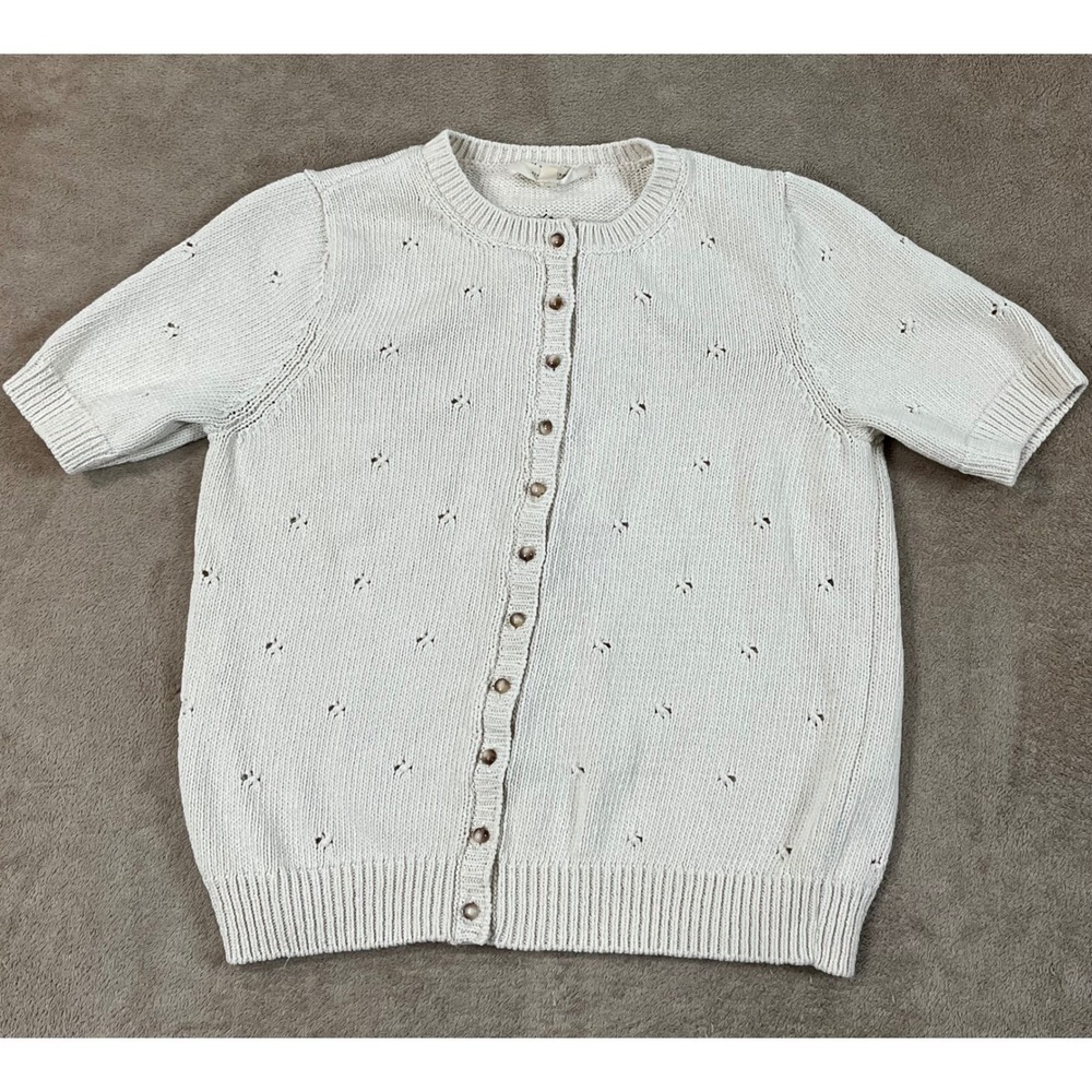 La Maille Sézane Pointelle Cardigan Sweater Women medium Cream Button Up S/S EUC